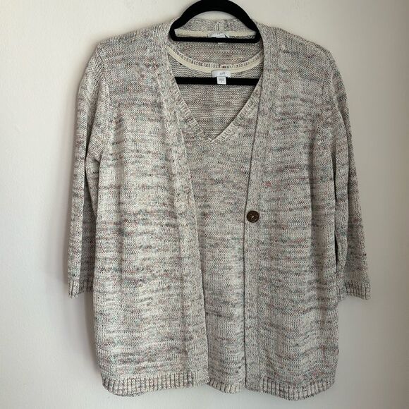 J. JILL Knit Two Piece v-neck tank short sleeve sweater set cream multi Petite M - Picture 1 of 13